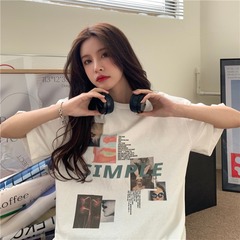 實拍韓版寬鬆復古印花短袖恤女