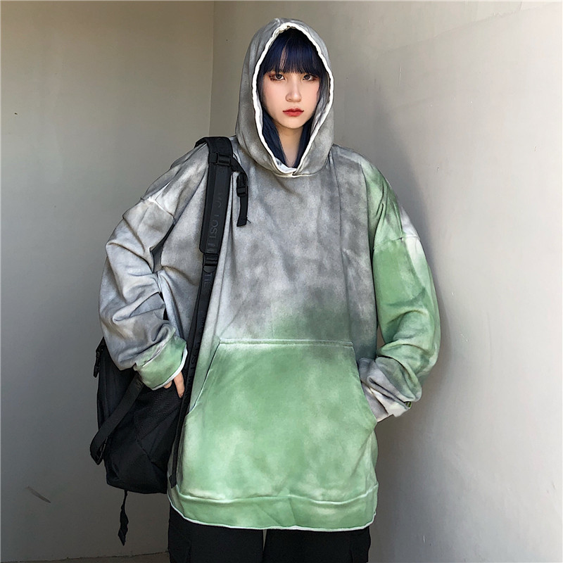 Real shot of tie dyed hooded loose sweater in Gaojie
