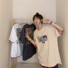 實拍短袖恤女寬鬆印花假兩件中長款半袖上衣