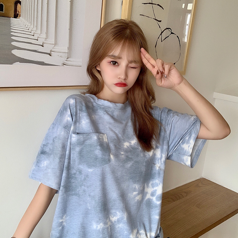 Real shot tie dyed short sleeve T-shirt women's fashion Korean loose top