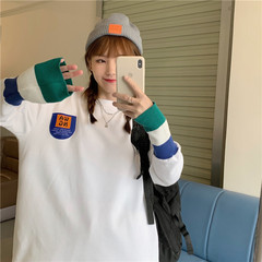 Real shot loose bottomed T-shirt women's medium length white plush with cotton long sleeve top