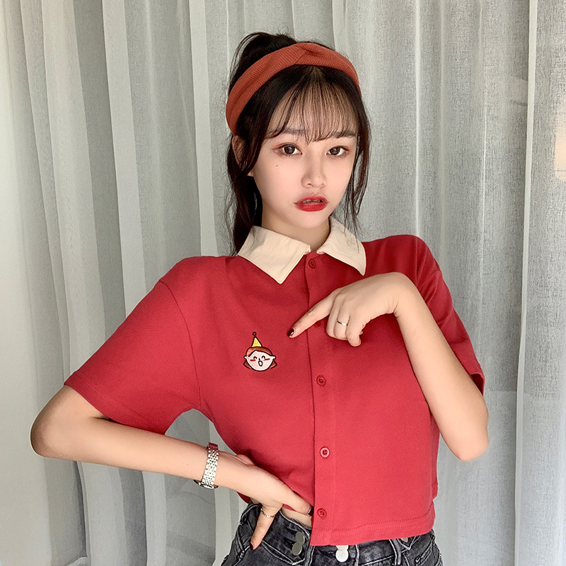 實拍短款衫短袖恤女寬鬆高腰露臍上衣
