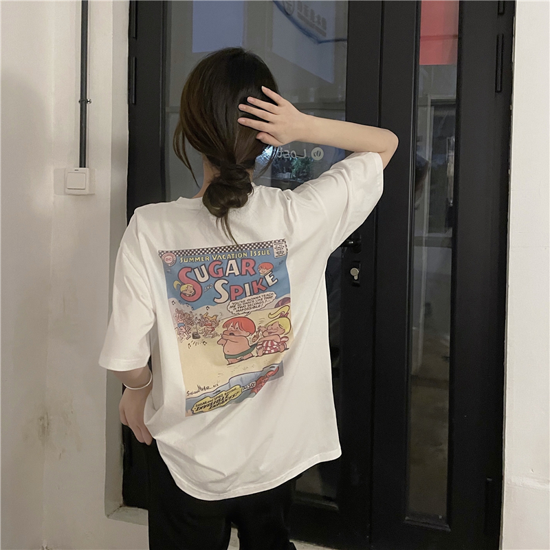 實拍 美式漫畫寬鬆顯瘦百搭純色短袖T恤學生女2021夏季