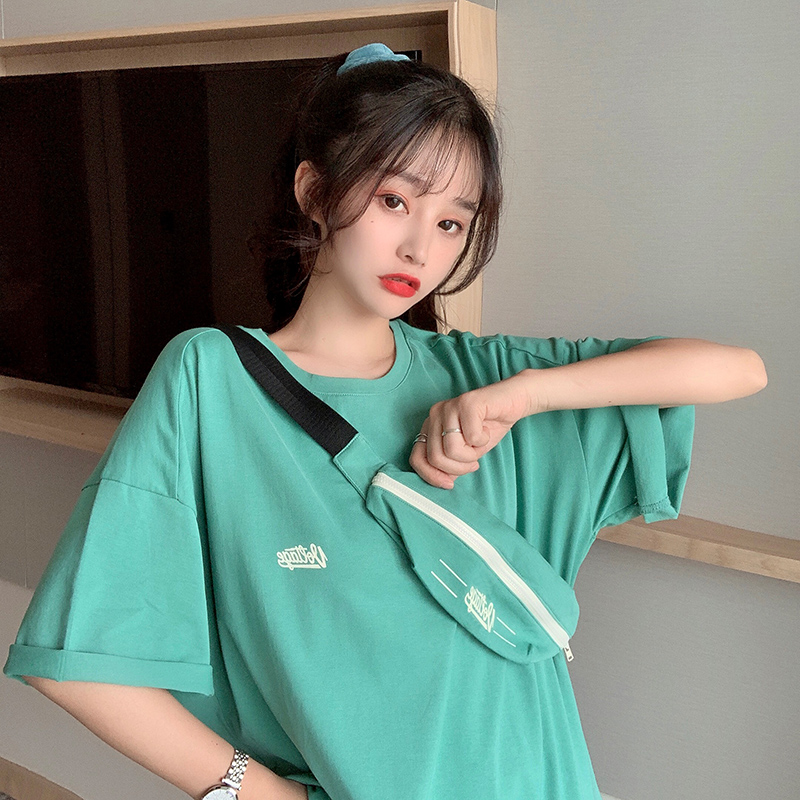 Hong Kong Style Short Sleeve T-Shirt women's loose Korean fashion half sleeve top with bag