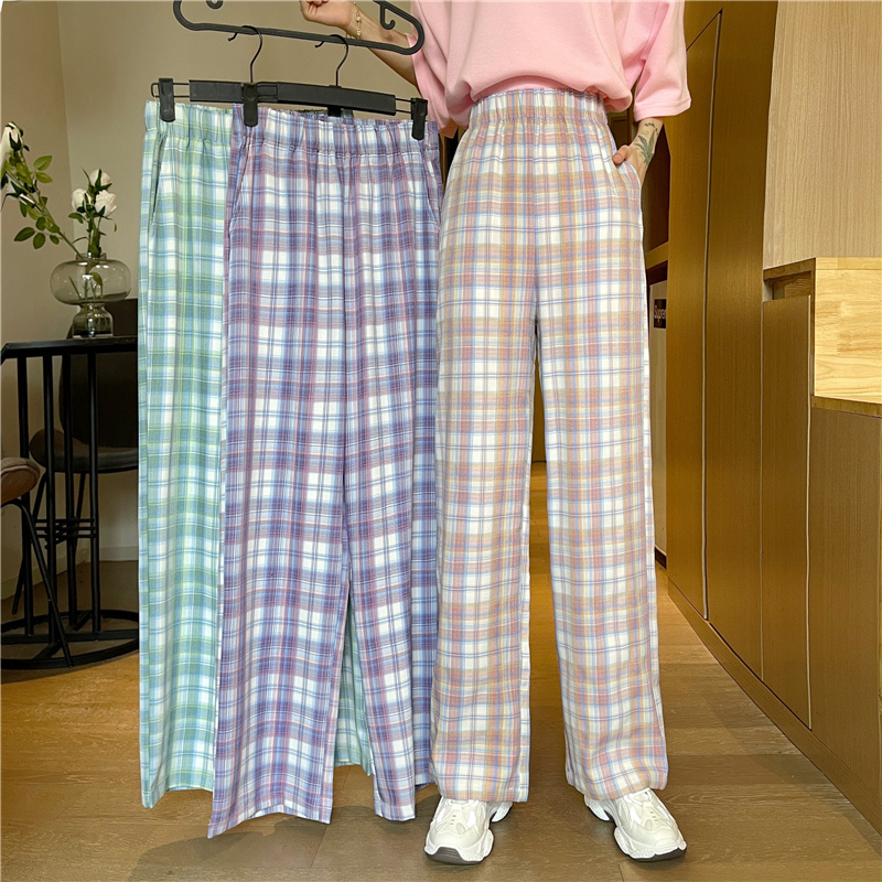 Real photo plaid pants loose straight wide leg pants show thin and versatile high waist casual pants