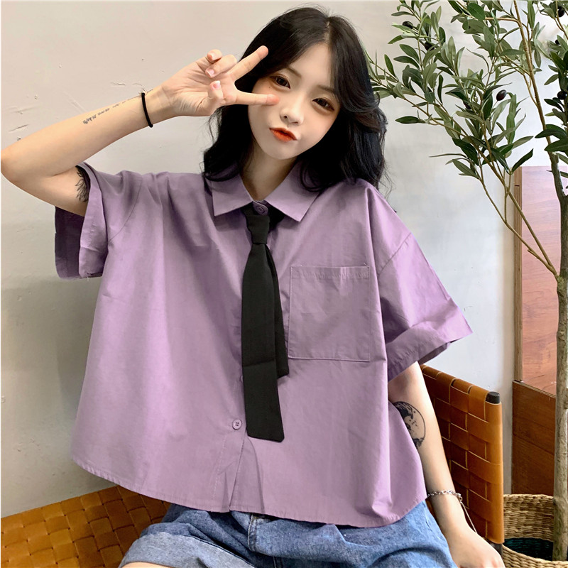 Real shot short sleeve shirt women's solid color short shirt student's top and tie