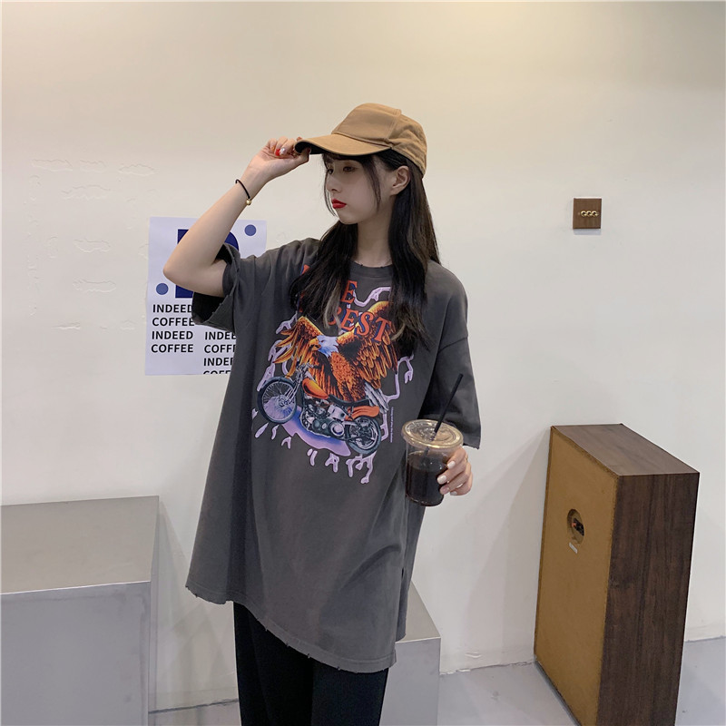 Real shot American large edition medium and long print split round neck short sleeve T-shirt fashion