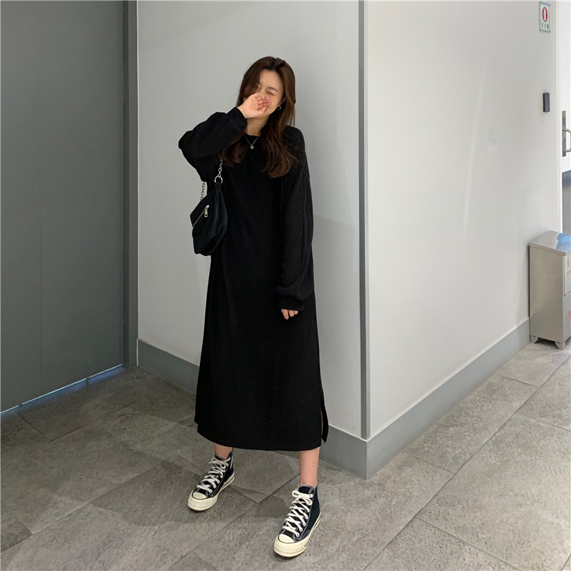 Korean casual loose sweater long skirt corduroy straight tube dress