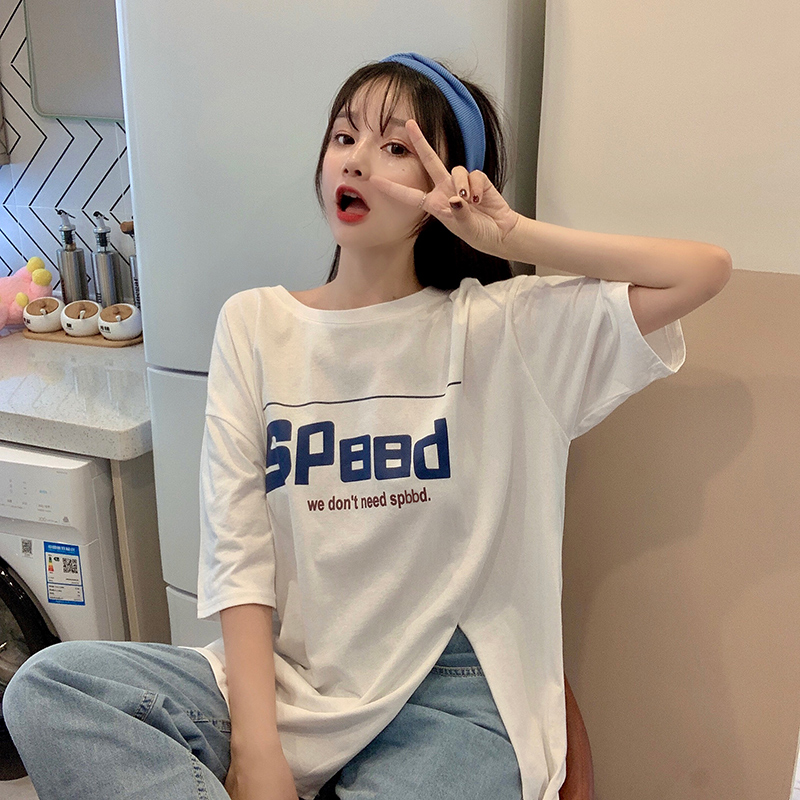 Real shot split short sleeve T-shirt women's loose Korean version chaoyuansufeng top