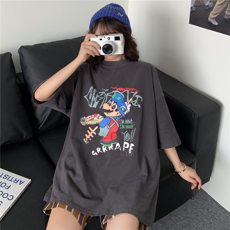 Real T-shirt women's loose medium length cartoon printed short sleeve Korean version