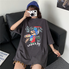 Real T-shirt women's loose medium length cartoon printed short sleeve Korean version