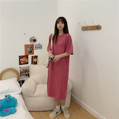 Real shot long straight dress Korean casual loose pocket knee short sleeve T-shirt skirt
