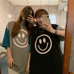 實拍  寬鬆短袖t恤中長款夏裝笑臉印花拼接半袖上衣潮