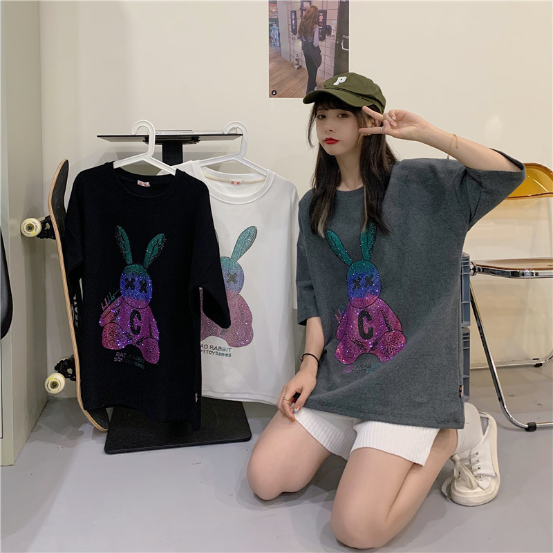 Real shot spring and summer Korean new color hot diamond bear loose short sleeve T-shirt