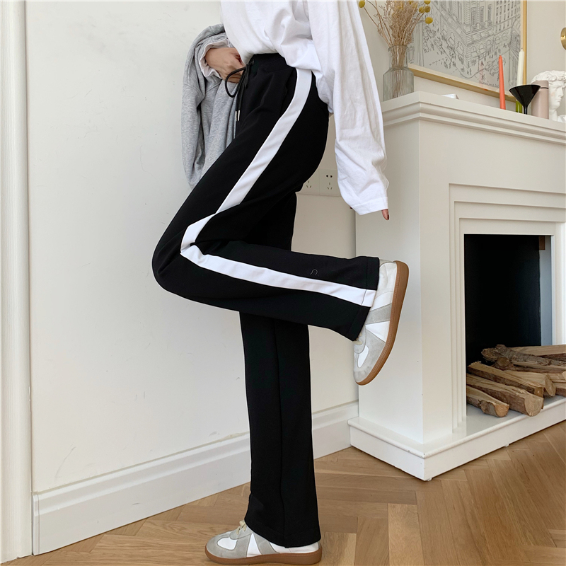 Real photo micro flared pants winter Korean velvet thickened side stitching stripe casual pants