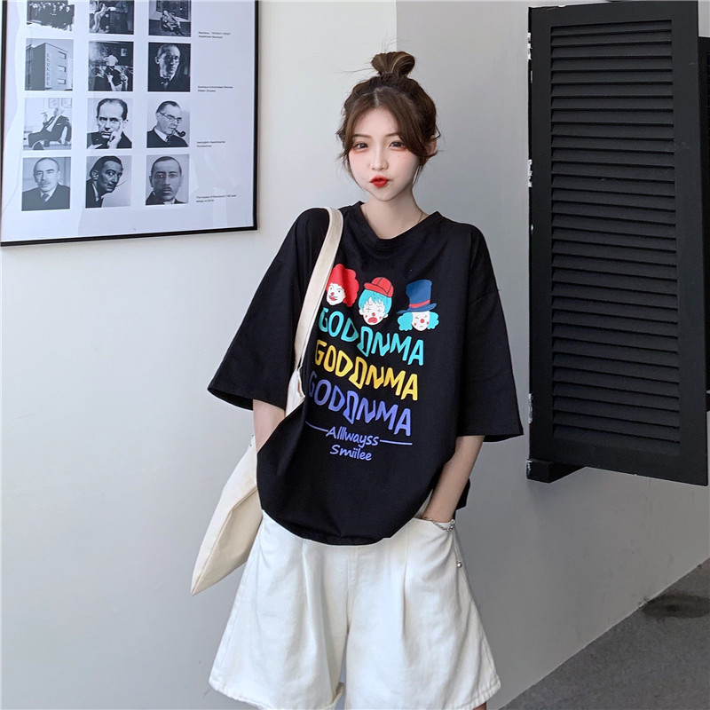 Original cartoon clown letter printing loose medium length short sleeve T-shirt