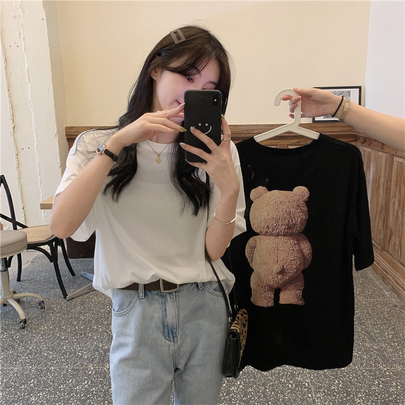 Bear print loose short sleeve shirt