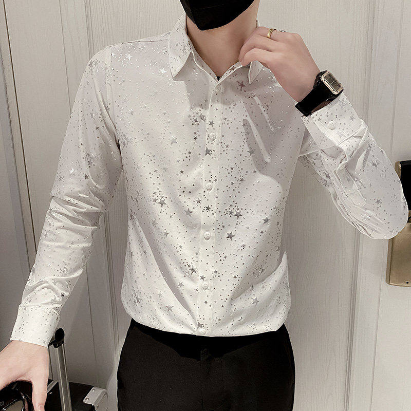 B302 CS336 2021秋满天星烫银印花长袖衬衫 社会无头风图片