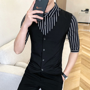B302 CS232 2021夏男七分袖假两件中袖条纹工装衬衣图片