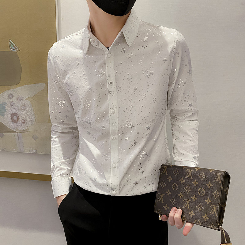 B302 CS336 2021秋五角星烫银印花长袖衬衫 社会风图片