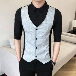 B302 CS233 2021夏男中袖衬衫假两件格子工装衬衣图片