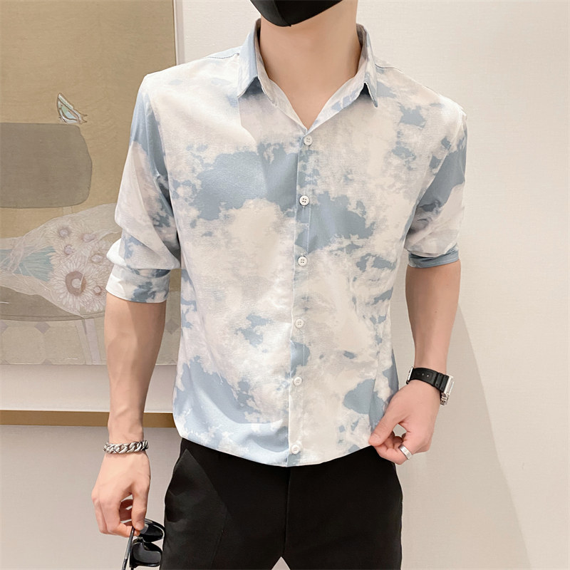 B302CS2392021年夏男天空蓝扎染印花中袖衬衫社会小伙风,男装衬衫,电商B216（原B302）