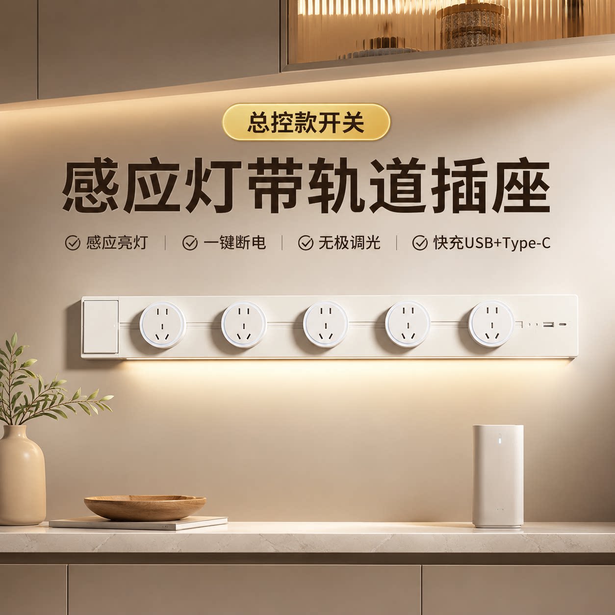 国际电工明装磁吸轨道插座带开关