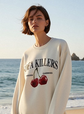 FSK 沙发刺客 美式复古字体排版冰冻小樱桃印花圆领卫衣套头上衣