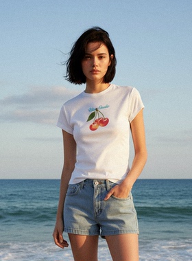 FSK寻找沙发刺客 小樱桃印花短袖紧身小领口夏季修身正肩印花T恤