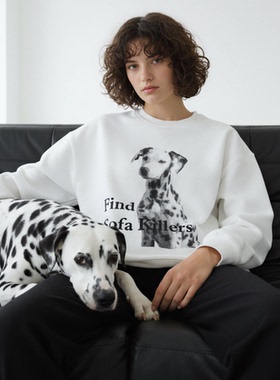 FSK 沙发刺客复古做旧 斑点狗印花宽松慵懒套头圆领卫衣长袖