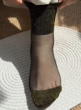 夏季薄款银葱亮丝中筒袜女黑色纯色防裂小腿袜