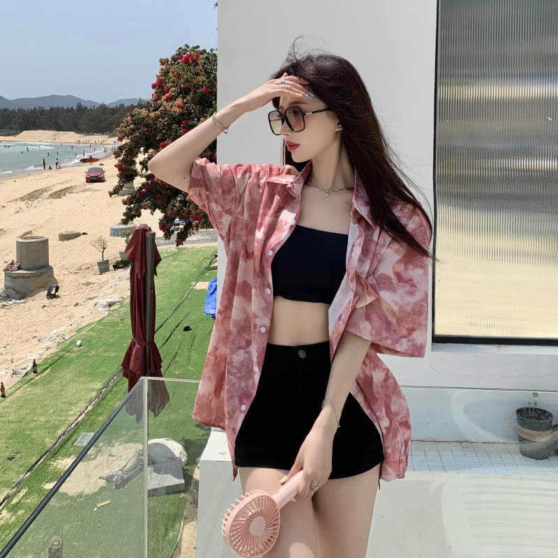 實拍實價 扎染短袖襯衫女寬鬆港風小眾設計感百搭襯衣潮