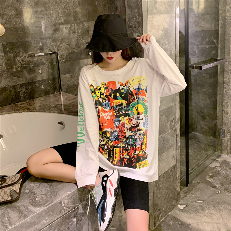 Real shooting real price net red the same kind of sweater women's fashion cartoon printing loose Korean lazy long sleeve T-shirt