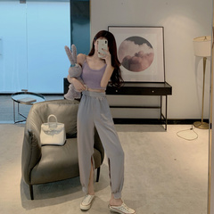 Real price short open navel Plush Vest + high waist Satin open leg pants