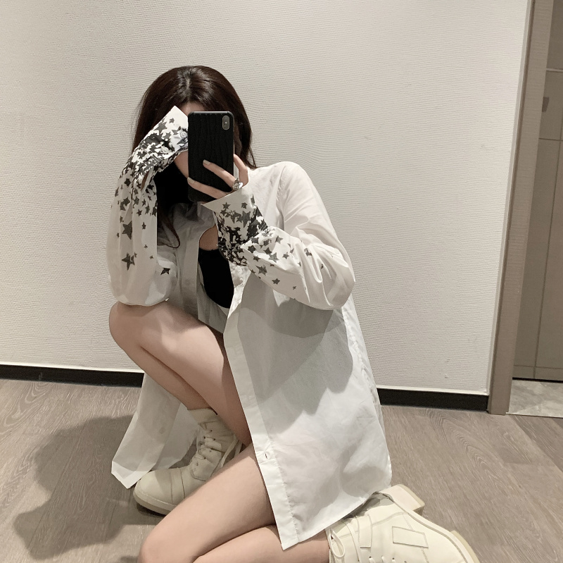 Real shooting real price star sunscreen shirt women's summer thin style drape feeling design niche Long Sleeve Shirt Top