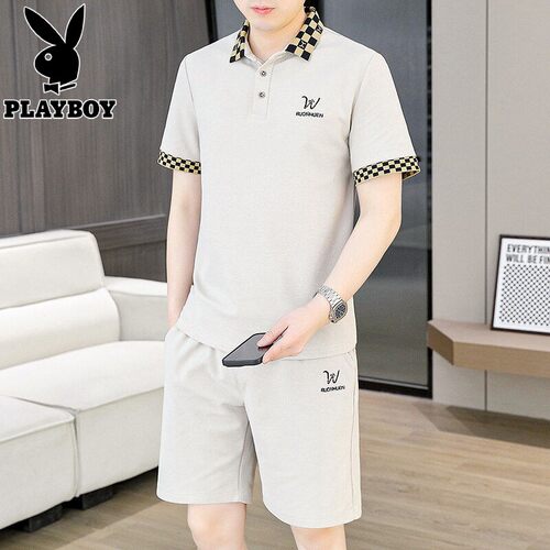花花公子翻领POLO衫短裤套装男士2026夏季休闲时尚短袖两件套男装