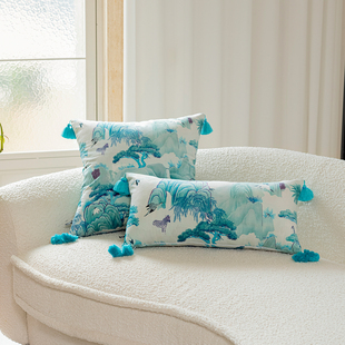 百澜家居YH175品月蓝中式山水画中国风高级氛围感客厅沙发靠垫枕