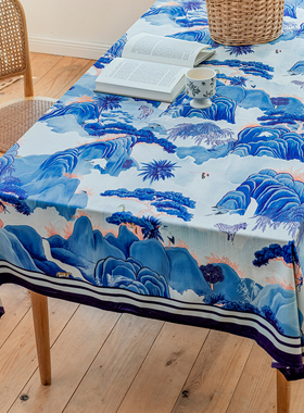 百澜家居ZB004橙蓝色中式山水画中国风高级氛围感餐厅桌布台布