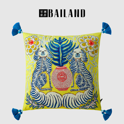 百澜家居YH168黄色复古狗双面印花新中式沙发客厅抱枕靠垫腰枕套