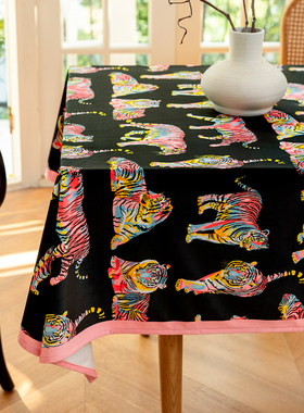 百澜家居ZB010黑色五彩虎环保丝绒印花高级氛围感餐厅桌布台布