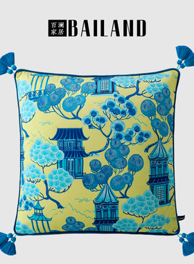 百澜家居YH170蓝色树木亭台客厅沙发靠垫中式复古抱枕床头靠枕
