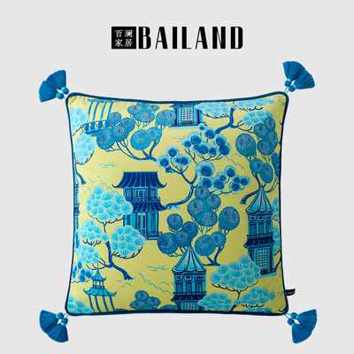 百澜家居YH170蓝色树木亭台客厅沙发靠垫中式复古抱枕床头靠枕