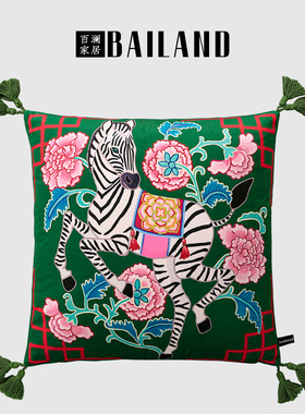 百澜家居YH021丝绒绿色复古双面印花沙发客厅抱枕靠垫床上靠包腰