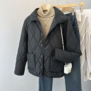 复古菱格翻领轻薄短款 宽松小个子保暖妈妈棉衣棉服 外套女秋冬新款
