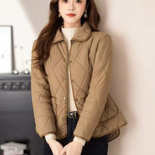 百搭气质纯色新款 秋冬季 女士棉袄 菱格翻领棉服外套时尚 轻薄短款