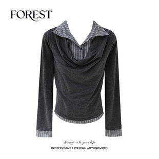 新款 针织衫 韩系学院风短款 荡领长袖 上衣 假两件条纹衬衫 拾野森秋装