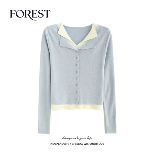 韩系学院风短款 新款 假两件长袖 针织衫 拾野森 女上衣开衫 春装