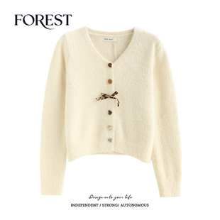 拾野森 冬装新款韩系短款水貂毛豹纹蝴蝶结长袖V领毛衣开衫外套