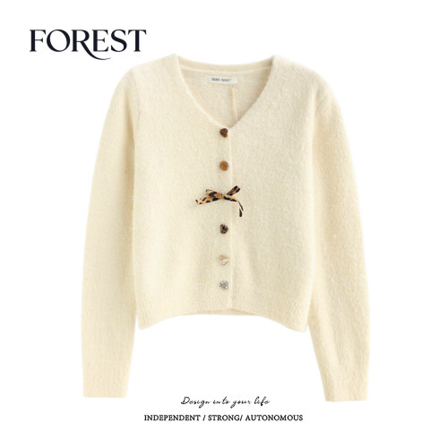 拾野森水貂毛蝴蝶结V领毛衣