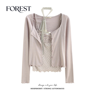 春装 开衫 新款 碎花木耳边吊带背心长袖 两件套 纯欲甜辣短款 拾野森